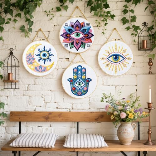 FREEBLOSS 4 Set Embroidery Kit Hamsa Pattern Stamped Embroidery Starter Kit with Step by Step Instructions, Colored Threads, 2 Hoops, Needlepoint Kits for Hand Craft Lovers Gift, 30cm/11.8inch