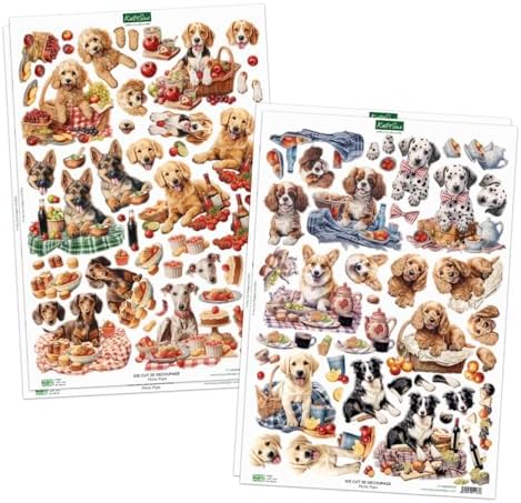 Katy Sue Designs Picnic Pups Die Cut Topper & Decoupage Collection. 4 Sheets of Dog-Themed Square Card Toppers & 4 Sheets of Matching Die Cut Decoupage Sheets for Card Making Supplies & Craft Supplies