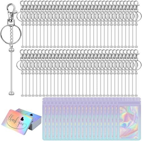 42/84/126 Pcs Beadable Keychain Bars Bulk Blank DIY Beaded Keychain Making Supplies with Bag Thank You Card