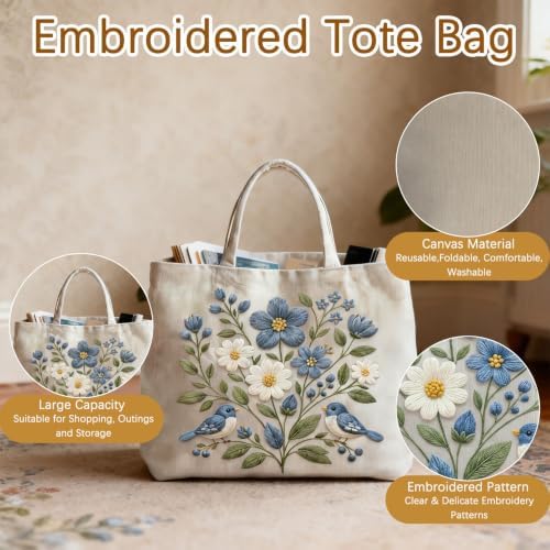 ARTopet Embroidery Tote Bag Kit for Beginners Flower Canvas Cross Stitch Handbag with Hoops Needles Threads Reusable Grocery Bag for Women-Bird