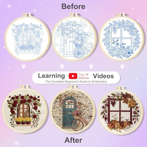 Huacan Embroidery Kit for Adults Beginners with 3 Hoops & Gift Box