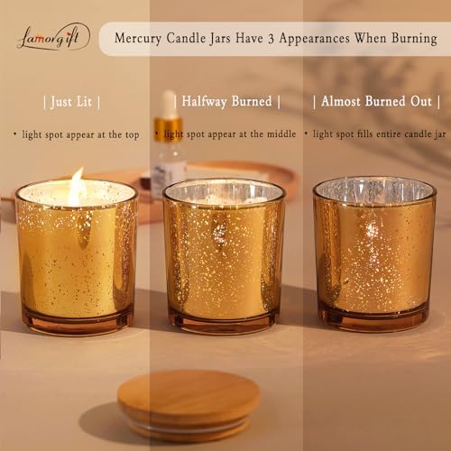 LAMORGIFT 15 Pack Glass Candle Jars With Lids (8oz, Gold) - Empty Containers for Making Candles - Mercury Glass Jars With 20 Pcs Labels - Accessories Included