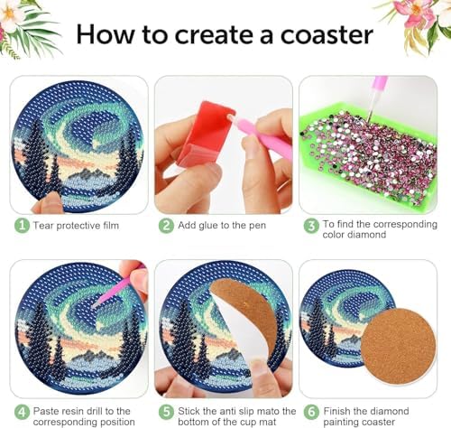 NEGEKFKX 8 Pcs Aurora Diamond Art Painting Coasters Kits,Landscape Coaster with Holder for Adults, Non-Slip DIY Dot Paint Craft Kits,5D Full Drill DIY Diamond Dot Gem Art Kit Home Decor Arts Craft