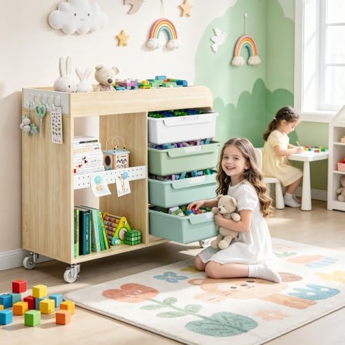 SYKIARIOL Craft Organizers and Art Supply Storage, Art Cart, Mint Green | Rolling Cart with 4 Drawers & Metal Pegboard, 5 Hooks, Cute Macaron Color Magnets for Craft Room, Office, Classroom