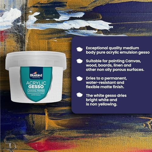 BLUEBIRD Heavy Gesso Primer for Acrylic Painting, White, 5.3Oz / 150 GM Full Tub, Gesso Surface Prep Medium For Acrylic Paint and Oil Paint
