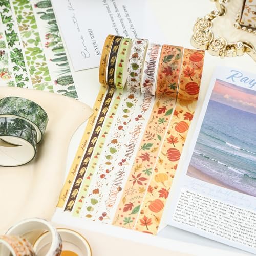 18 Rolls Seasons Flowers Washi Tape Set Floral Arts Adhesive Tapes Blooming Garden Decorative Masking Tape Sets for Craft, Kids, Scrapbook, DIY, Gift Wrapping (Autumn)