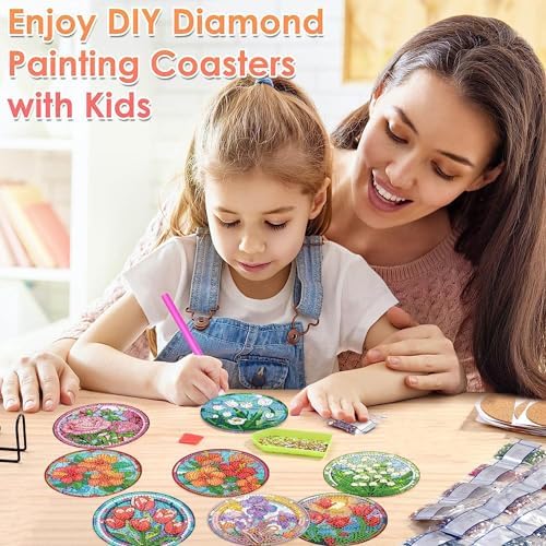 ijbnhd 8 PCS Flowers Diamond Art Coasters (Cork Wooden Pad)