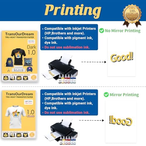 TransOurDream Tru-Heat Transfer Paper for Dark and Light Fabric (50+50 Sheets, 8.5x11", Mix Pack) Printable HTV Heat Transfers Vinyl for Inkjet Printers Iron on Transfers for T Shirts