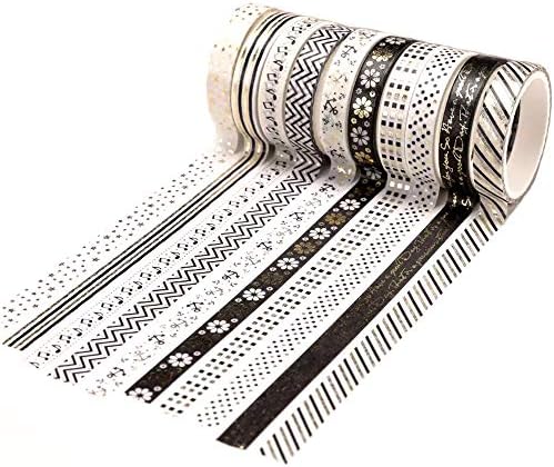 YUBBAEX 10 Rolls Sparkling Washi Tape Set 8mm Skinny Gold Foil Decorative Masking Washi Tapes for Journal,Scrapbook, Planner, DIY Crafts (Black & White)