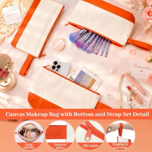 Silkfly 15 Pcs Cotton Canvas Makeup Bags Cosmetic Zipper Bags 10.2 x 5.5 x 2'' Blank DIY Pouch Bulk Pencil Case with Bottom Travel Toiletry Pouch for Women Craft Decor Gift (Beige and Orange)