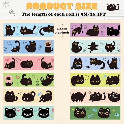 Black Cat Washi Tape - 24 Pcs Cute Trendy Black Cat Design Cute Eco-Friendly Masking Tape Decorative DIY Crafts Artist Tape Set School Office Journal Kids Art Supplies Gift Wrapping