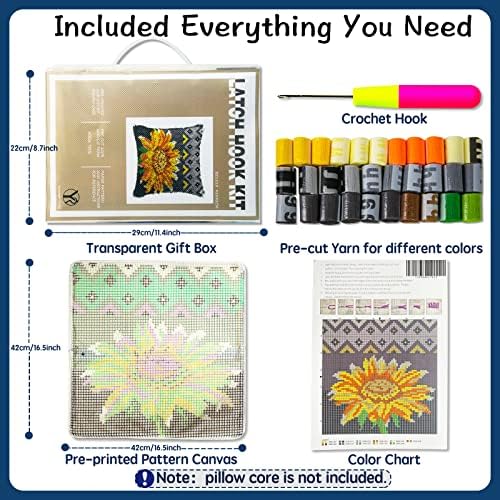 YP Latch Hook Kits for Kids and Adults DIY Throw Pillow for Home Decoration Sunflower Cover Cushion Cover Hand Craft Crochet for Festival Gift,17" X 17"