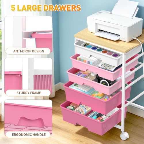 SUNALLY Rolling Carts With 5 Drawers, Storage Drawer Carts for Craft, Pink | Rolling Utility Cart with Wooden Tabletop & 2 Lockable Wheels, Teacher Storage Cart for Classroom School, Makeup, Nail, Art