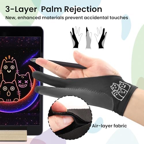 Mood Cats Drawing Glove: 3-Layer Palm Rejection for iPad & Drawing Tablet | Smooth-Glide & Breathable Artist Glove for Digital Art, Two-Finger Design, Fits Left & Right Hand, 2-Pack + Cleaning Cloth