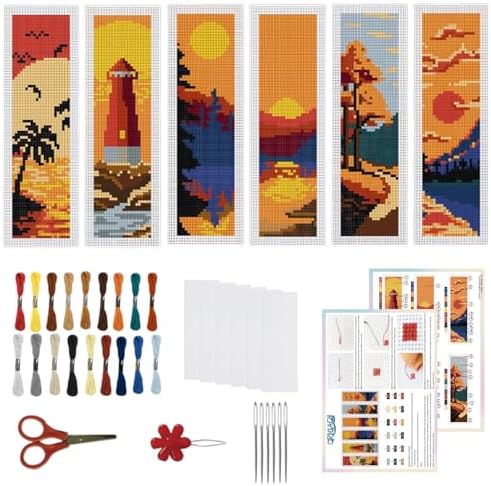 ORIGACH 6 Set Sunset Landscape Cross Stitch Bookmark Kit for Beginner