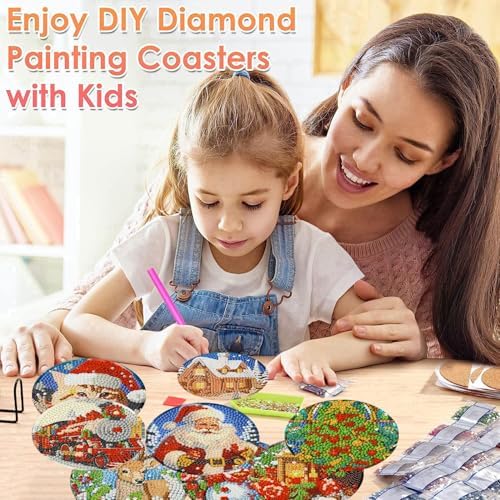 8 Pcs Christmas Diamond Painting Coasters Kits 4X4in (Cork Wooden Pad)