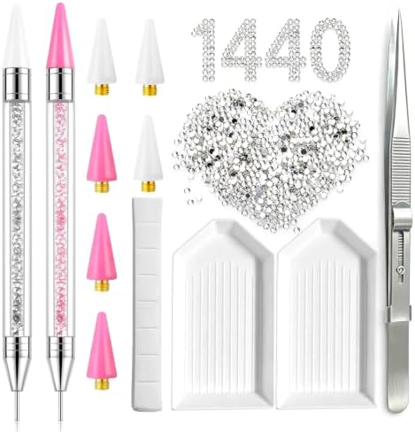 LIGHT RAIN Rhinestone Picker Tool - 2pcs Dual-head Bedazzling Pen with 4 Wax Tips, 8pcs Clay, Adjustable Precision Tweezers, 1400pcs Rhinestones and 2pcs Organizer Tray Kit for Nail Art