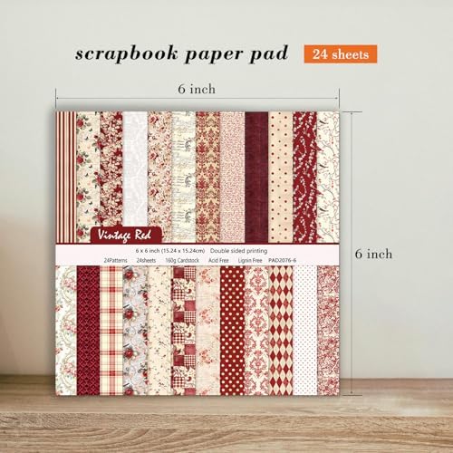 24 Sheets Red Aesthetic Scrapbooking Paper Pad - 6In x 6In Double Sided Flowers Patterns for Photos Album Journals Supplies Decorative Collage Origami DIY Crafts Gifts Wrapping