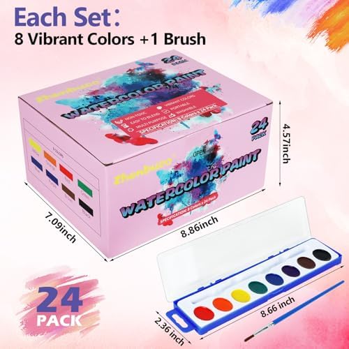 24 Pack Watercolor Paint Set - 8 Colors Quality Washable Water Color Paints Sets with Paint Brush, Kids Watercolor Paint Set for Coloring, Art, Classrooms, Party Favors and Easter Paint Supplies
