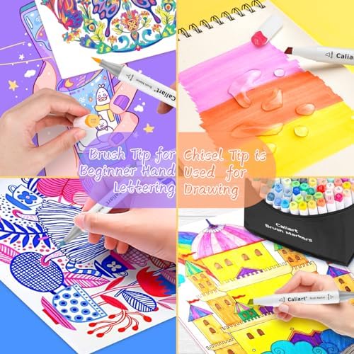 Caliart 51 Colors Alcohol Markers Brush Tip, Art Markers for Adult Coloring | Brush & Chisel Permanent Colored Markers Sketch Pens with Case Art Supplies Gifts for Beginners Artists Drawing Illustration