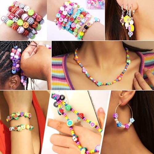 BBita 1000PCS Polymer Clay Beads Bracelet Making kit, 24 Style Cute Fun Beads Sports Ball Volleyball Softball Baseball Basketball Soccer Rugby Football Charms for Jewelry Making DIY for Women Girls