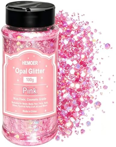 HEMOER Pink Opal Glitter 100g/3.5oz, Cosmetic Mixed Hexagon Chunky & Fine Craft Glitter Resin Sequins for Epoxy Glass, Resin Art, Body, Hair, Face, Nail, Tumbler, Festival Party