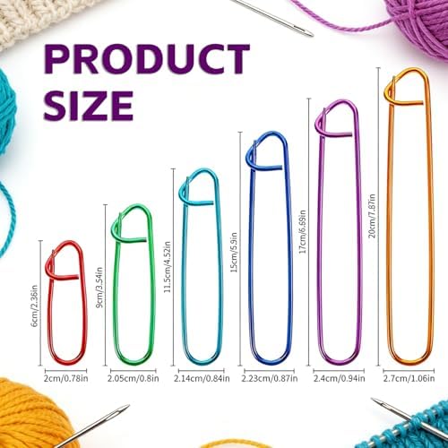 IOGOG 6 Pcs Knitting Stitch Holders, 6 Size Aluminum Stitch Holders for Knitting, Color-Coded Stitch Holder Set, Large Safety Pins for Sweaters, Scarves, Crochet & DIY Craft Projects (6 Colors)