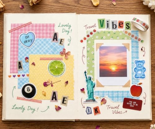 Scrapbook Supplies Kit 12 Sheets 6x6 Inch Scrapbook Paper 4 Letter Sticker Sheets 10 Washi Tape 8 Decorative Sticker Sheets for Scrapbooking Journaling Diary and Junk Journal Crafts (Girly)