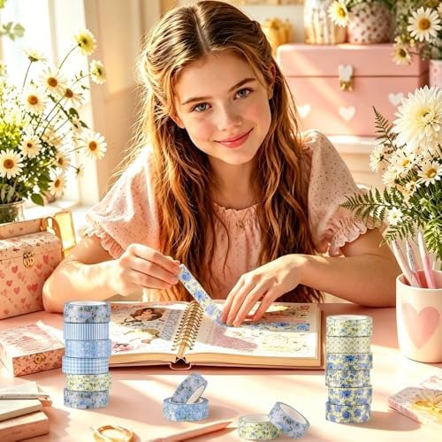 12 Rolls Floral Washi Tape Set, Blue Watercolor Flowers Design for for Journaling, Scrapbooking, DIY Craft, Planners, Gift Wrapping, Back to School Art Supplies