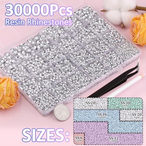 30000Pcs Clear Rhinestones for Bedazzling with B7000 Jewelry Glue, Bedazzler Kit Bulk Flatback Gems, Resin Rhinestones for Crafting Crafts Clothing Shoes Fabric Nail Art Assorted Size 2/3/4/5/6mm