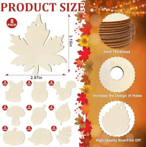 80PCS Wooden Fall Ornaments to Paint Thanksgiving Decorations, 10 Styles DIY Blank Autumn Unfinished Wood Maple Leaves Turkey Pumpkin Halloween Cutouts Ornament for Crafts Birthday Party Gifts Hanging