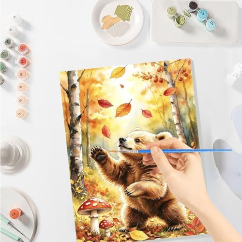 SENQAO Bear Paint by Numbers Kit for Adults Beginner, Fall Forest Adult Paint by Number Kits on Canvas, DIY Acrylic Oil Easy Painting by Numbers for Home Wall Decor 8X12 inch