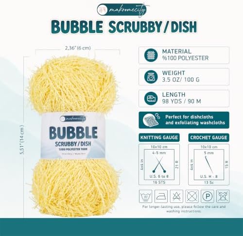 Makromecity Bubble Scrubby Yarn - 100% Premium Polyester Yarn for Crocheting and Knitting - 3.5 Oz (100g), 98 Yds (90m) - Ideal for Dishcloths, Crafting & Bath Washcloths (Light Yellow, 3 Skeins)