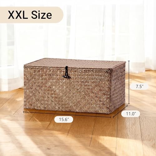 Nonam Large Wicker Basket with Lid,Seagrass Shelf Storage Basket,Coffee