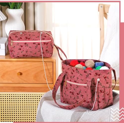 Bulyoou 2 Pcs Crochet Tote and Yarn Bag Set Corduroy Yarn Holder, Flower