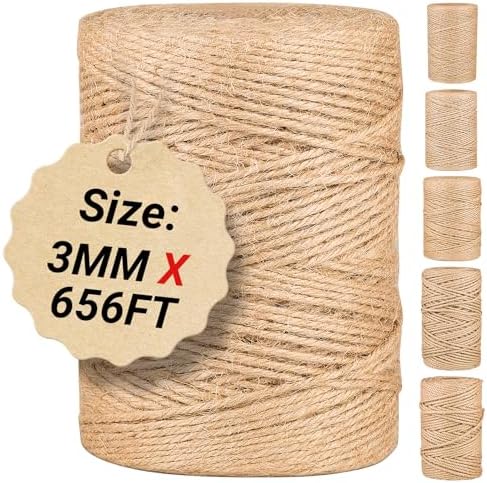 Natural Jute Twine String 3mm x 656ft Bulk Jute Rope for Crafting, Gardening, Gift Wrapping - Brown Decorative Cord for Cat Scratching Posts, DIY Projects