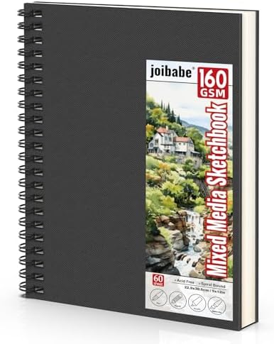 joibabe Spiral Bound Mixed Media Sketchbook, 160 GSM/98LB Heavyweight Acid Free Paper, 60 Sheets, 9x12 Inch Art Notebook for Drawing, Watercolor, Acrylic, Sketching, 1 Pack