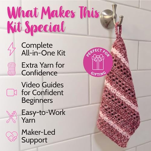 KnitPal Dishcloth Crochet Kit for Beginners (Cherry Red + Blush Pink)
