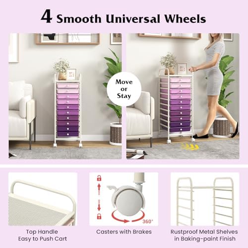 Storage Cart, Rolling Utility Cart with 10 Drawers, Portable Handles & Lockable Wheels, Mobile Paper Toys Storage Organizer Large Capacity for Home Office School Teacher (Purple Gradient)