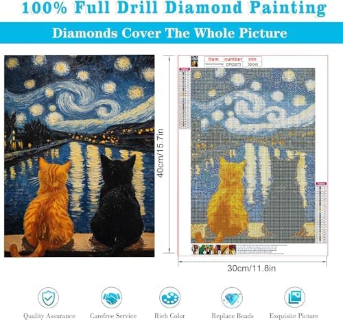 RYMILIE Cat Diamond Art Kits for Adults Diamond Painting Kit 12x16in | 5D Starry Night Diamond Art Painting Kit for Beginners, DIY Full Square Cat Gem Art Crafts for Home Wall Decor Gift