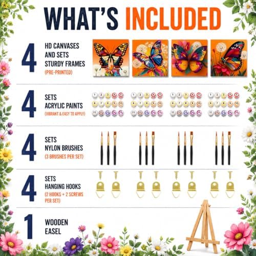 4 Pack Butterfly Paint by Numbers Kit for Kids with Frame Easel 8x8 inch