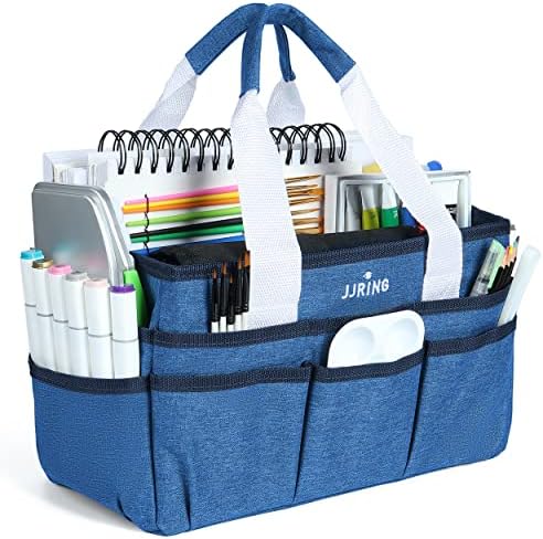 JJRING Craft Organizer Tote Bag Art Storage Caddy Blue | With Multiple Pockets For Sewing, Scrapbooking, School, Medical, And Office Supplies