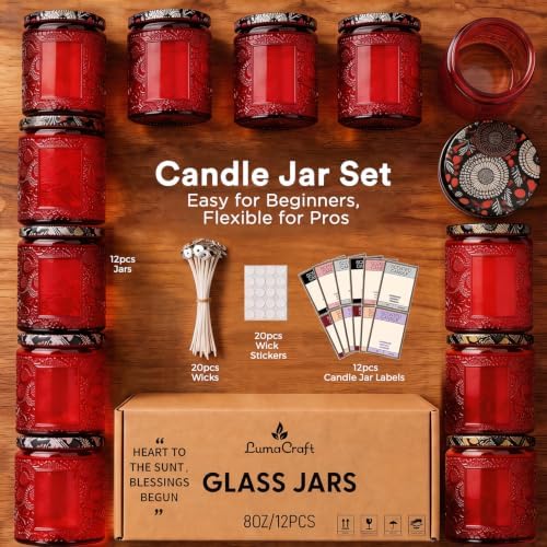 LumaCraft Luxury Embossed Glass Candle Jars for Making Candles - 12 Pack 8oz Empty Candle Containers with Airtight Metal Lids, 20 Wicks & 20 Stickers, Colored Glass Jars for Gifts & Decor
