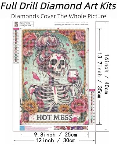 ckdiluy 5D Diamond Art Painting Kit, Hot Mess Floral Skull Design, Full Drill Round Crystal Paint with Accessories, DIY Wall Home Decor, Adult Crafts Gift 12x16 Inch