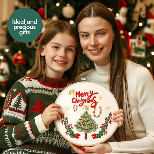 wtisan Christmas Embroidery Kit, Cross Stitch Kits for Beginners, Needlepoint with All Tools & Instructions, Stamped Hand Embroidery Starter Kit for Holiday Crafts & Xmas Home Decor, W18