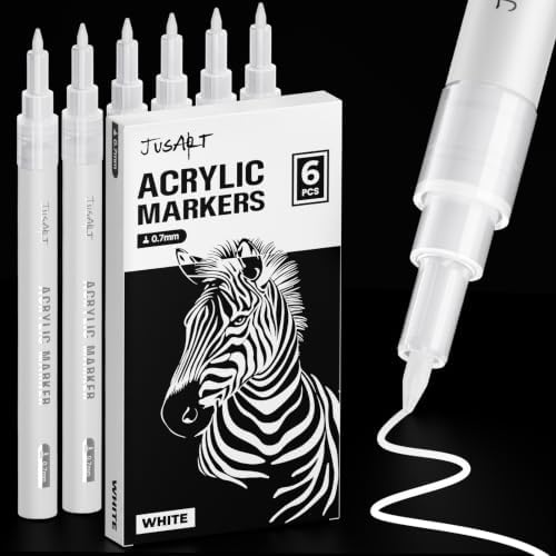 JusArt 0.7mm Fine Point White Permanent Markers, 6 Pack