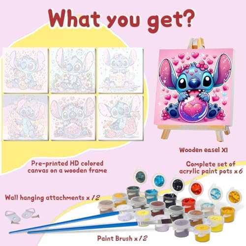 nekpiahu 6 Pack Cartoon Paint by Numbers for Kids with Framed Canvas-with Wooden Easel, Paint by Number for Kids Ages 4-8-12, DIY Easy Acrylic Oil Painting Kits for Home Wall Decor (8X8inch)