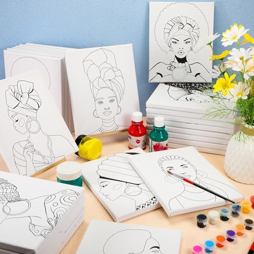 Harloon 36 Pcs 8 x 10 Inch Pre Drawn Canvas for Painting Afro Queen Pre Stretched Canvas Painting for Adults Outline for Sip and Paint Party Supplies Favor