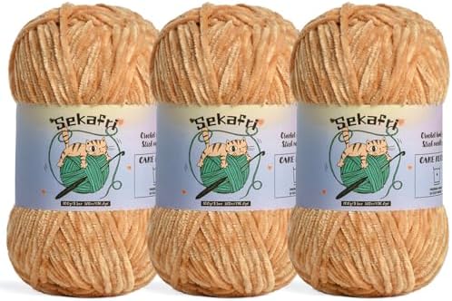 3 Pack of 300g (590yds) Fuzzy Chenille Yarn for Crocheting,Fluffy Amigurumi Crochet Yarn for DIY Craft/Hat/Clothes, Soft Velvet Baby Blanket Yarns（3 Khaki）
