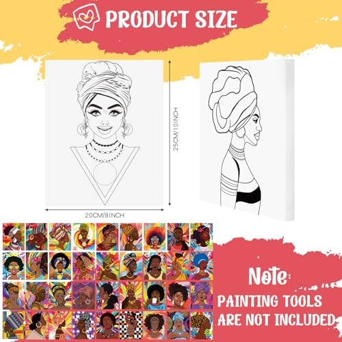 Harloon 36 Pcs 8 x 10 Inch Pre Drawn Canvas for Painting Afro Queen Pre Stretched Canvas Painting for Adults Outline for Sip and Paint Party Supplies Favor